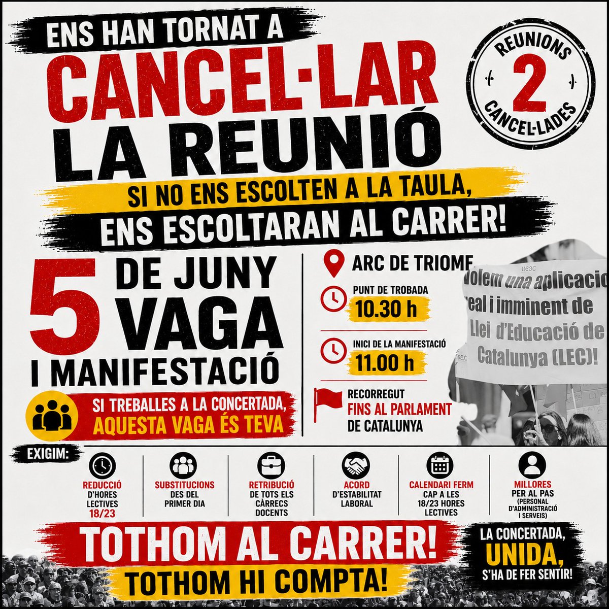 EnsenyamentUSOC's tweet photo. 🏫 El futur de la nostra societat es decideix dia a dia a les aules.

🔥 Perquè ignorar les mancances actuals és cronificar una precarietat insostenible, 𝗮𝘃𝘂𝗶 𝘁𝗼𝗿𝗻𝗲𝗺 𝗮 𝘀𝗼𝗿𝘁𝗶𝗿 𝗮𝗹 𝗰𝗮𝗿𝗿𝗲𝗿 amb el cap alt i els objectius clars. ✊

🤝 Avui sortirem al carrer en 𝟯 𝗰𝗼𝗻𝘃𝗼𝗰𝗮𝘁𝗼̀𝗿𝗶𝗲𝘀:
📌 #Infantil03
📌 #EducacióPública
📌 #EducacióConcertada
... per 𝟯 𝗹𝗹𝘂𝗶𝘁𝗲𝘀 𝗱𝗶𝗳𝗲𝗿𝗲𝗻𝘁𝘀 𝗽𝗲𝗿𝗼̀ 𝗶𝗻𝗱𝗲𝘀𝘁𝗿𝗶𝗮𝗯𝗹𝗲𝘀.

📉 Exigim 𝘀𝗼𝗹𝘂𝗰𝗶𝗼𝗻𝘀 𝗲𝘀𝘁𝗿𝘂𝗰𝘁𝘂𝗿𝗮𝗹𝘀 𝗶 𝗶𝗺𝗺𝗲𝗱𝗶𝗮𝘁𝗲𝘀: menys gestos de cara a la galeria i més pressupost real per a un ensenyament digne i de qualitat. La dignitat de la professió és el futur de tots! 🎓 @educaciocat