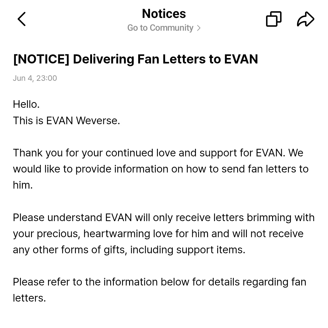jakewon_stars's tweet photo. 💌 — ¡A partir de ahora se pueden enviar cartas físicas a EVAN! 

* sólo se aceptaran cartas escritas a mano en sobre tamaño estandar, ningún otro artículo o regalo

les dejo la dirección proporcionada para sus cartas en el post de abajo 👇🏻 por favor, escríbanle sólo cosas lindas https://t.co/dF9DiG49TR