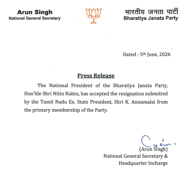 TimesNow's tweet photo. BREAKING | BJP National President Nitin Nabin has accepted the resignation submitted by K. Annamalai from the primary membership of the party. https://t.co/zFbrAHtL58