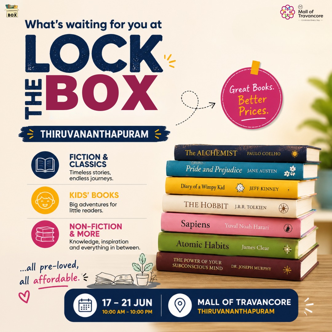 locktheboxdotin's tweet photo. 📚 Thiruvananthapuram, are you ready?
Thousands of pre-loved books, unbeatable prices, and genres for every kind of reader await at the LockTheBox Book Fair!

📍 Mall of Travancore, Thiruvananthapuram
📅 17–21 June
⏰ 10 AM – 10 PM
Great books. Better prices. ❤️ https://t.co/Xl3220MkcM