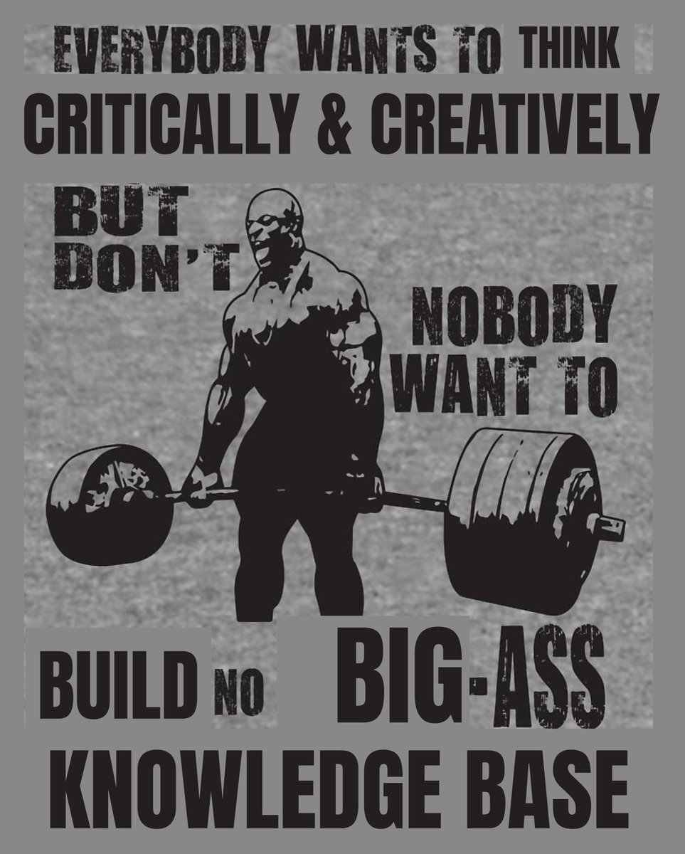 justinskycak's tweet photo. "Everybody wanna think critically and creatively, but don't nobody wanna build no big-ass knowledge base!"

-- Ronnie Coleman, had he become a teacher

Critical/creative thinking involves combining elements of a knowledge base, and you can't cook with ingredients you don't have. https://t.co/AML6BPBUTe