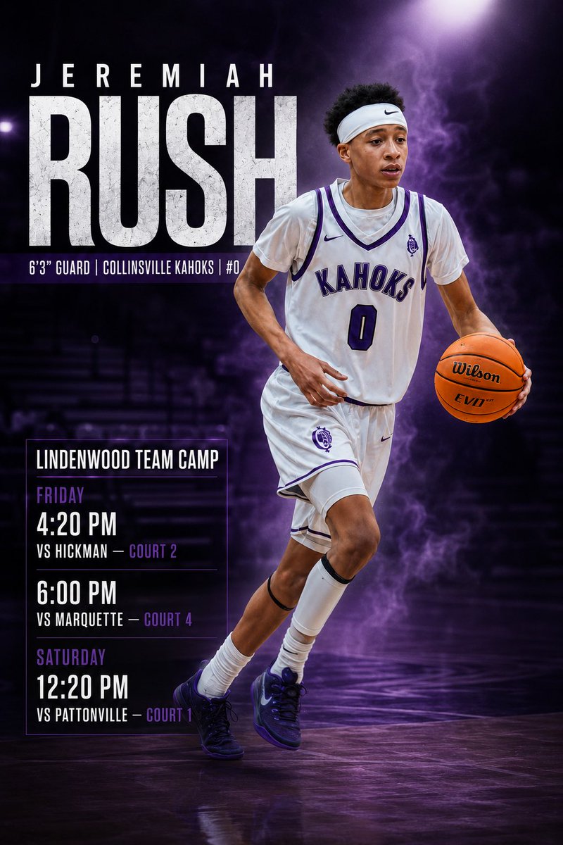 J_Rush11's tweet photo. LINDENWOOD TEAM CAMP 📍

Jeremiah Rush
6’3 Guard | Collinsville Kahoks #0

Friday
4:20 PM vs Hickman (Court 2)
6:00 PM vs Marquette (Court 4)

Saturday
12:20 PM vs Pattonville (Court 1)

Looking forward to competing this weekend.
#Recruiting #ClassOf2029 #Kahoks https://t.co/y7CiuWySBf