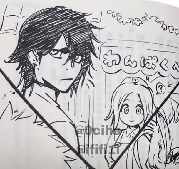 UlquihimeLovers's tweet photo. When we knew Orihime worked at a bakery, UlquiHime artists imagined him stopping by and how those interactions might go. Then the game casually mentions something so small and subtle lol.
Art below is by Billie from 15 years ago. And now in 2026, we get this cute little drawing. https://t.co/D4NyKYoioX