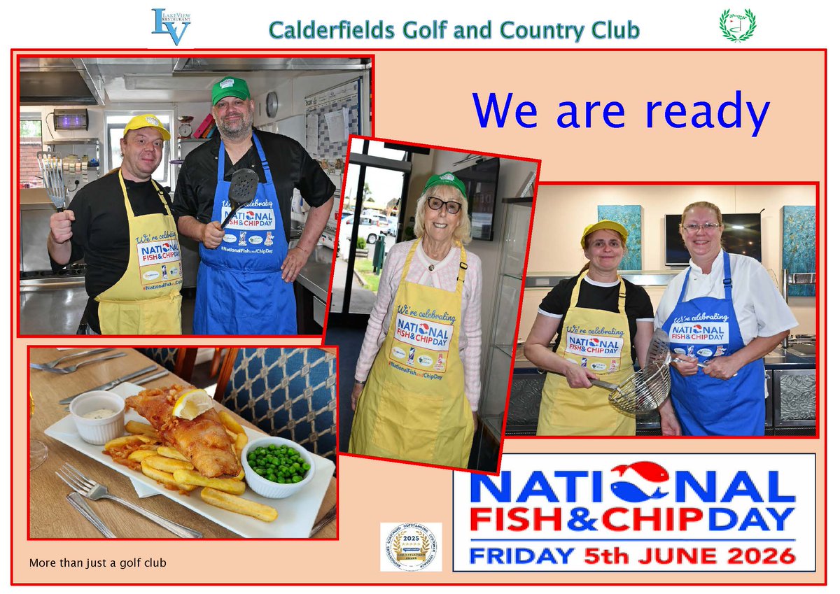CalderfieldsGCC's tweet photo. Team Calderfields are ready and waiting to celebrate National Fish and Chip Day 

Why don't you come along for a Fish and Chip meal on this special day? https://t.co/CK4kWcA480