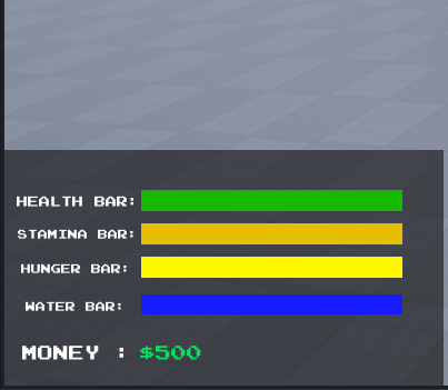 Acenturys's tweet photo. We have removed the previous Ui and added new

Fixed the HUD
Hunger bar working
Water bar working
Health bar + percentage working
Stamina bar working
Sprint system working
Money display fixed
Realistic Hunger/Water timing added https://t.co/Sacm1h8SKQ