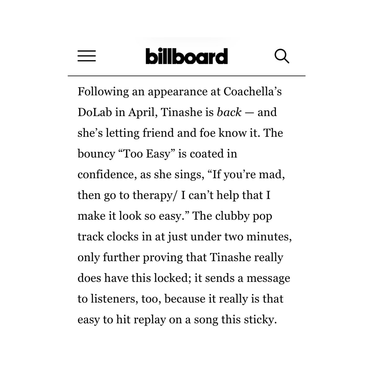 tinashedata's tweet photo. “The clubby pop track clocks in at just under two minutes, only further proving that Tinashe really does have this locked; it sends a message to listeners, too, because it really is that easy to hit replay on a song this sticky.”

— Billboard on “Too Easy”. https://t.co/f295zvMb4c