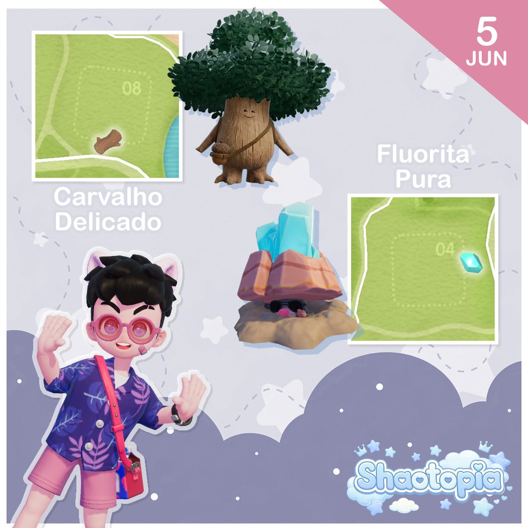 shaotopia's tweet photo. Dia 05/06 (Sexta-feira)
✧ Coletáveis ✧

🌳 Carvalho Delicado: Plot 08
💎 Fluorita Pura: Plot 04

#Heartopia https://t.co/acfbeb6kRt