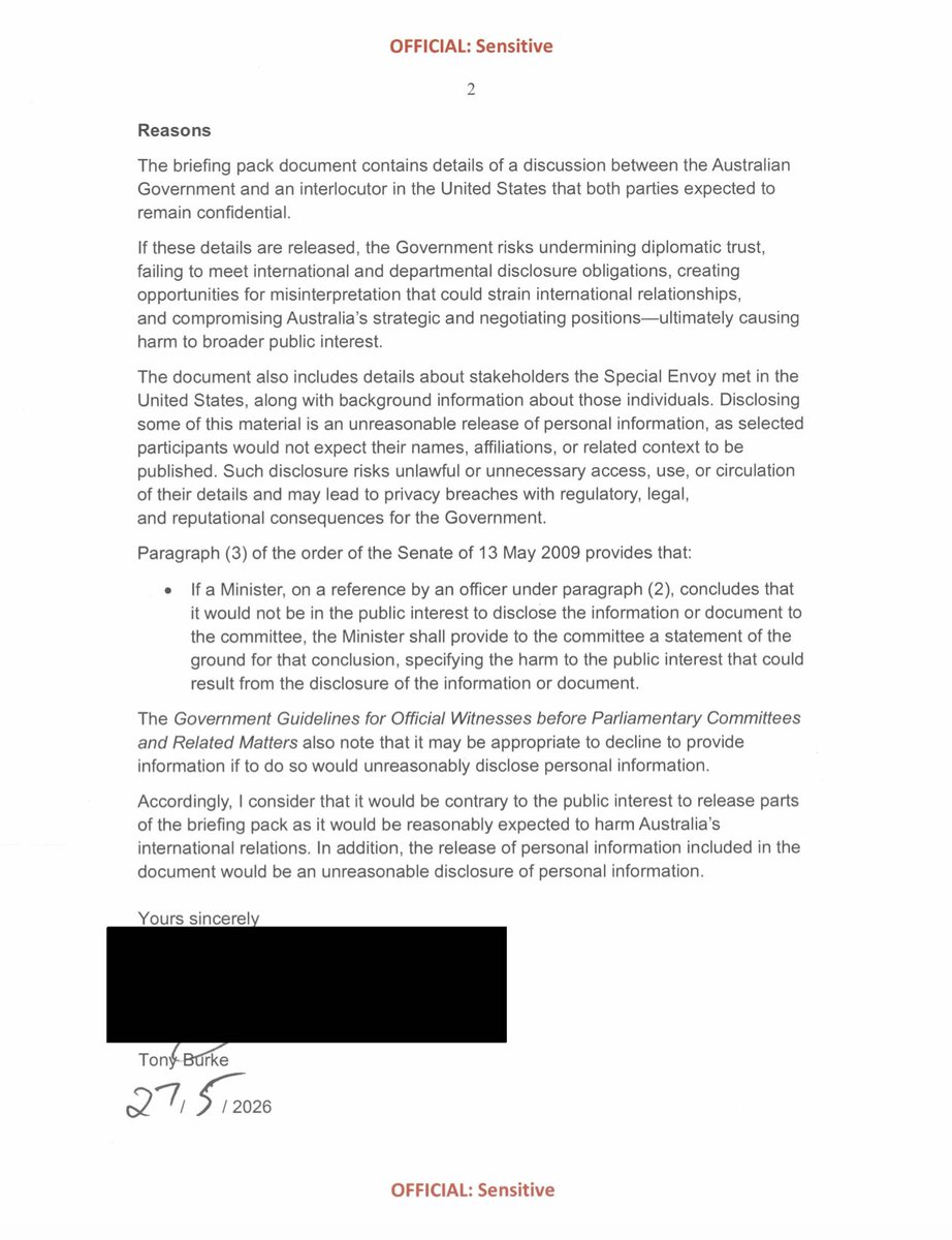 jommy_tee's tweet photo. In March 2025, I put in an FOI request: Segal's secret US trip.

The request was denied, but I did get 70 pages of completely redacted docs.

A question was asked at a subsequent Senate Estimates.

Last week @Tony_Burke lodged a Public Interest Immunity claim 

#transparencyfail https://t.co/yKGDCeq02g