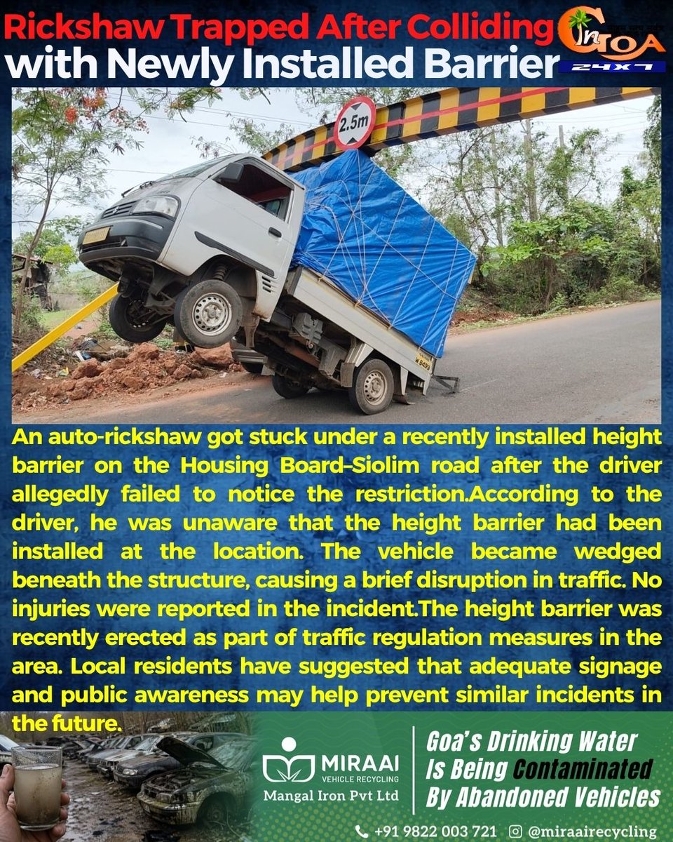InGoa24x7's tweet photo. Rickshaw Trapped After Colliding with Newly Installed Barrier
#Rickshaw #RoadAccident #TrafficAlert #Barrier #RoadSafety #GoaNews #AutoRickshaw #TrafficUpdate #PublicSafety #Infrastructure #GoaUpdates #BreakingNews #RoadRules #VehicleCollision #NewsUpdate #GoaCurrentAffairs #TrafficSafety #CommuterAlert #RoadInfrastructure #LatestNews
