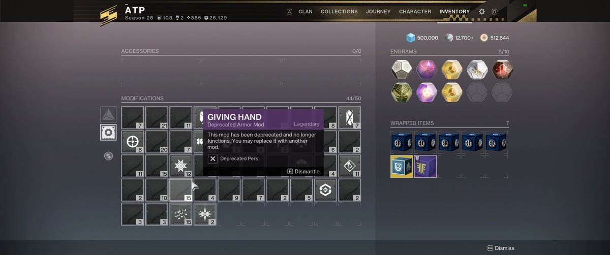 All_The_Players's tweet photo. URGENT QUESTION @Destiny2Team:

Will these mods become undepreciated now that Calus will be returning? I held onto them for over 6 years for this exact moment... https://t.co/x6Qqvb1SKb