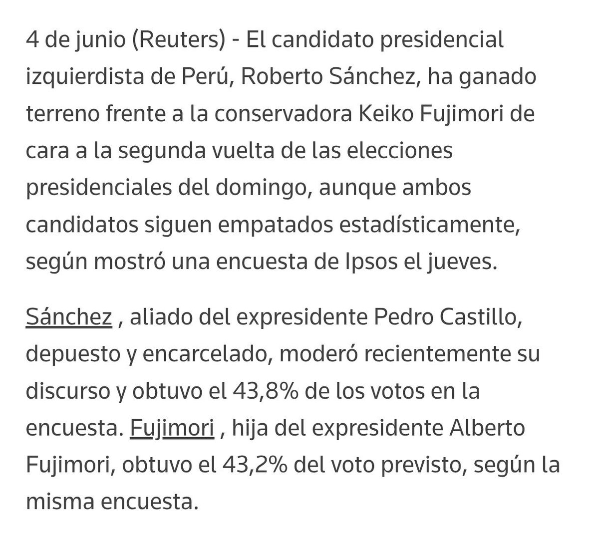 magodegont's tweet photo. @PorEstosNo2026 Última encuesta de IPSOS publicada por Reuters: JP 43.8 % K 43.2 % https://t.co/DAwUBeseX4 https://t.co/W503lgfbYL