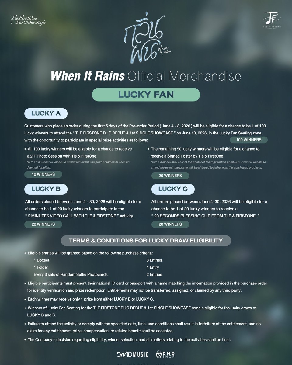 EuropeUKGO_ZNN's tweet photo. 🇪🇺#EuropeUKGO_ZNN𓎩 ✨️

Pre-Order WHEN IT RAINS 𝗢𝗙𝗙𝗜𝗖𝗜𝗔𝗟 𝗠𝗘𝗥𝗖𝗛𝗔𝗡𝗗𝗜𝗦𝗘 - the 1st Duo Debut Single of Tle & FirstOne 🌧️☔️

Orders are open on our website:
🔗 https://t.co/DDB2QWqLZh

🗓️ 𝙋𝙍𝙀-𝙊𝙍𝘿𝙀𝙍 𝙋𝙀𝙍𝙄𝙊𝘿
June 4, 2026 at 9.30 PM (GMT +7) - June 30, 2026 at 11.59 PM (GMT +7)

📣 IMPORTANT NOTICE 📣
If you wish to join any of the Lucky Draws, please leave your Full Name and your email address in the box at the check-out out and specify which Lucky Draw (A, B, or C) you would like us to sign you up for.

In case you're not interested, you can just leave the space blank and the order will be placed under the admin's name.

Thank you for your support, always 🙇🏻‍♀️💞

WHEN IT RAINS TFO
#กลิ่นฝนByTleFirstOne
#TleFirstOneDuoDebut
#TLE_mtm #FirstOne
#DMDMUSIC