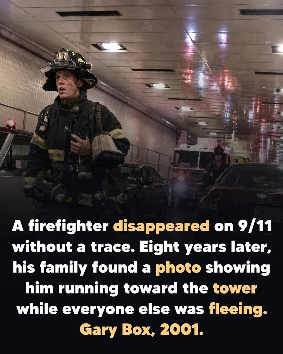 _MykeSzn's tweet photo. While thousands ran for safety on 9/11, FDNY firefighter Gary Box ran toward danger.
A photo captured the moment forever
one man running where everyone else was fleeing.
He never made it home. ❤️🚒🕊️ https://t.co/J85Y62rNKF
