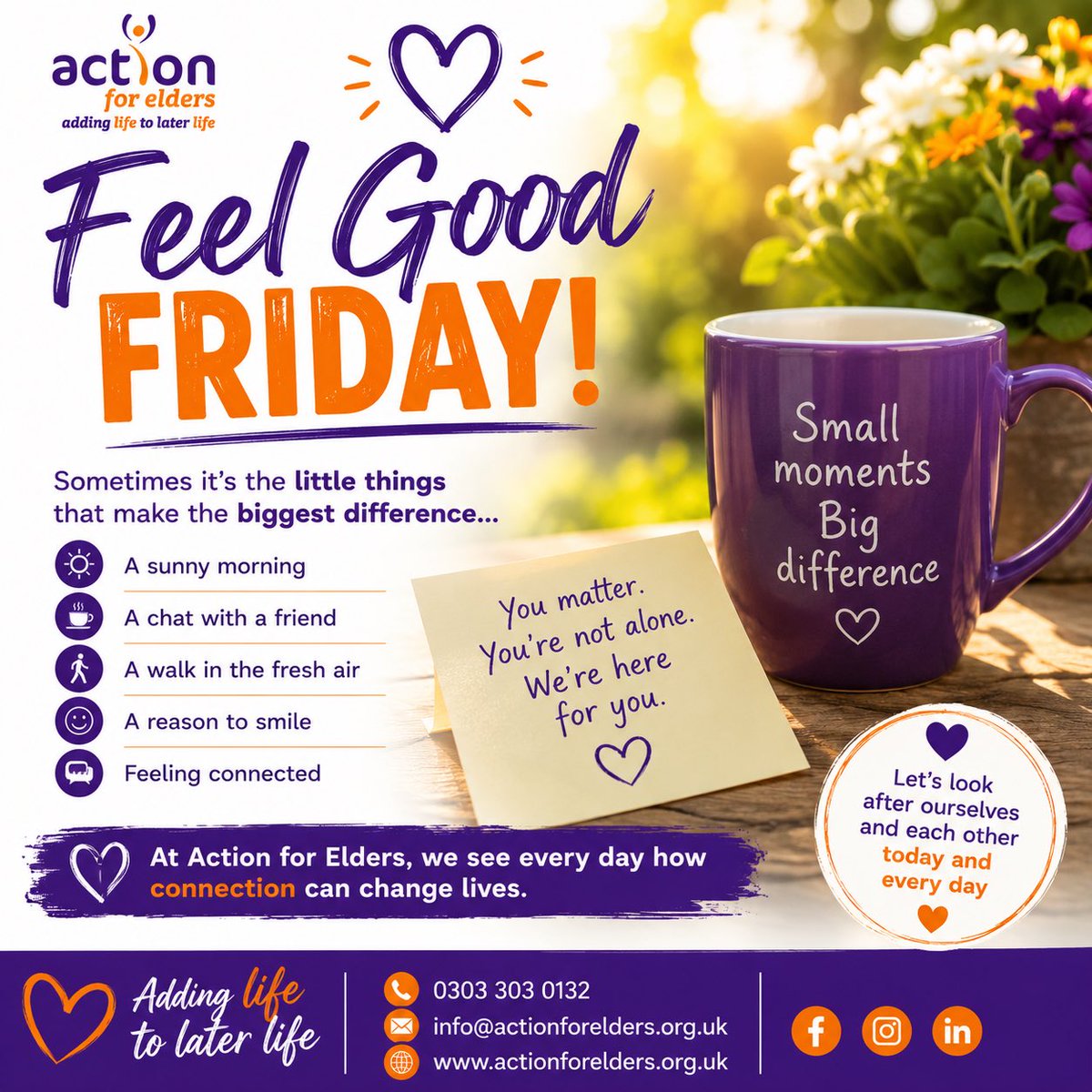 ActionForElders's tweet photo. 💜 It’s the little things that make the biggest difference.

A chat with a friend.
A walk in the fresh air.
A reason to smile.

What are you looking forward to this weekend? 👇

#ActionForElders #FeelGoodFriday #PositiveAgeing https://t.co/vh4zoxeMeG