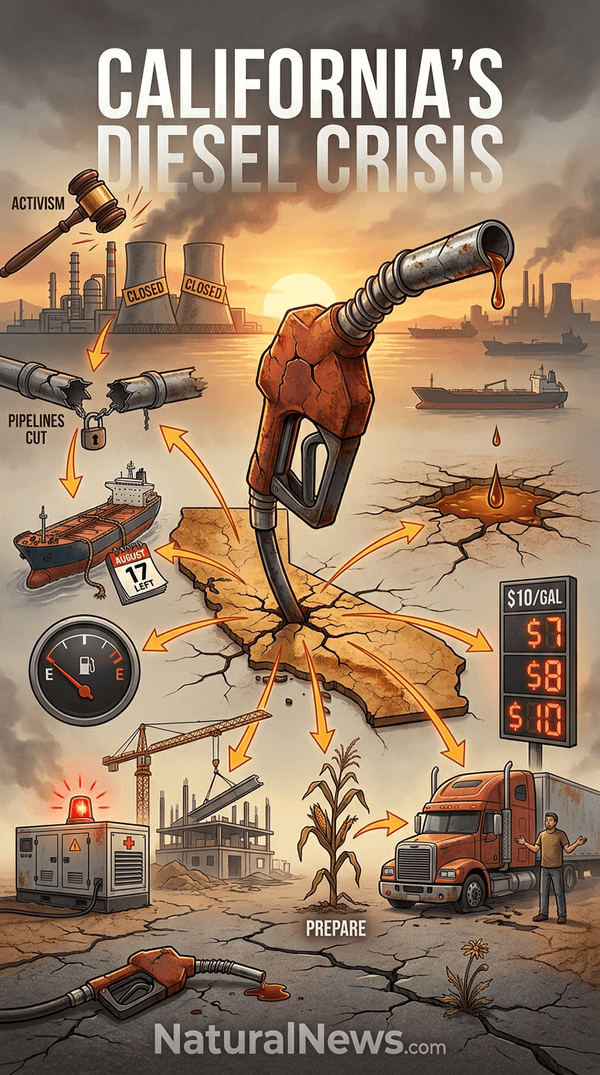 HealthRanger's tweet photo. When diesel prices in California hit $10 / gallon in August, California left-wing voters have no one to blame but themselves. They VOTED for the policies that destroyed in-state refineries and pipelines, leading them directly into this worsening energy crisis. https://t.co/pIRWCVkA58