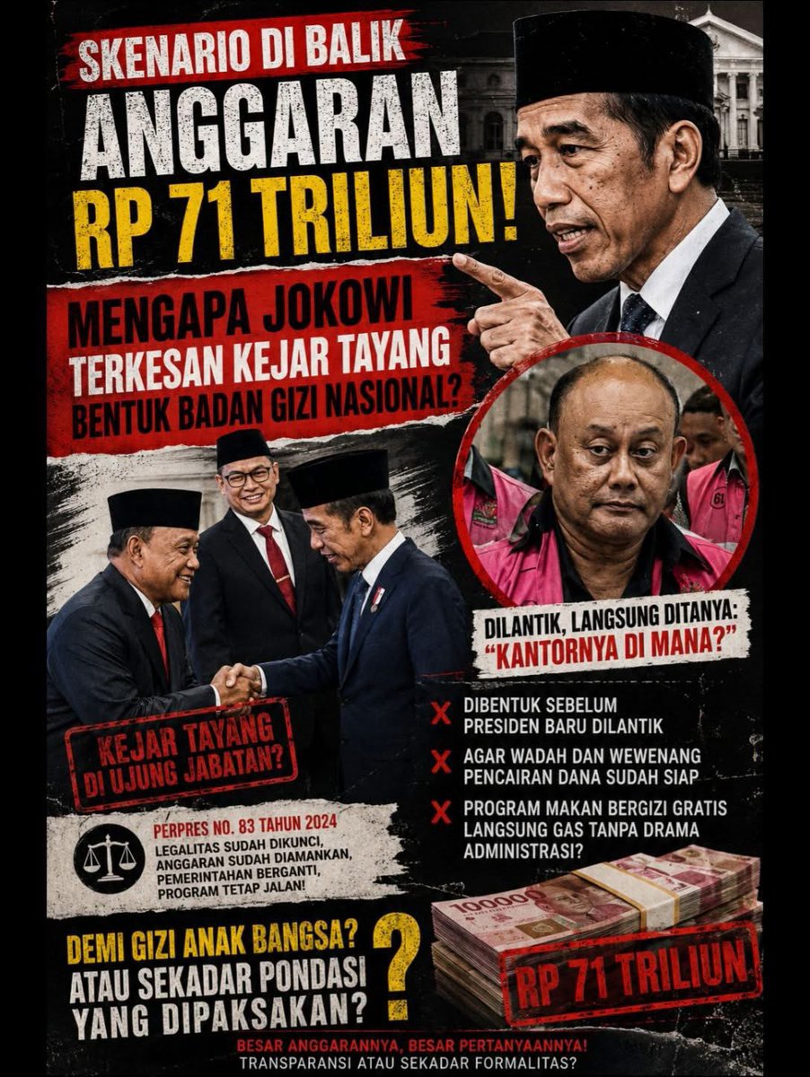 KakekHalal's tweet photo. Mengapa Jokowi Terlihat Terburu-buru Bentuk Badan Gizi Nasional? Jejak Anggaran Rp71 Triliun Mulai Terkuak

Keputusan Jokowi, membentuk Badan Gizi Nasional (BGN) menjelang berakhirnya masa pemerintahannya sempat memunculkan banyak tanda tanya. Di tengah masa transisi kekuasaan, lahirnya lembaga baru ini dianggap tidak biasa karena dilakukan dalam waktu yang relatif singkat.

Sorotan publik semakin menguat setelah muncul cerita bahwa sesaat setelah dilantik sebagai Kepala BGN, Dadan Hindayana justru mendapat pertanyaan dari Presiden terkait lokasi kantor lembaga yang dipimpinnya. Momen tersebut memicu spekulasi bahwa pembentukan BGN dilakukan secara terburu-buru, bahkan sebelum seluruh perangkat pendukungnya benar-benar siap.

Namun, jika menelusuri isi Peraturan Presiden Nomor 83 Tahun 2024, terdapat gambaran yang lebih jelas mengenai alasan di balik percepatan tersebut. Pembentukan BGN lebih awal dinilai sebagai langkah strategis untuk memastikan lembaga pelaksana program Makan Bergizi Gratis (MBG) telah memiliki dasar hukum, struktur organisasi, dan kewenangan anggaran sebelum pergantian pemerintahan berlangsung.

Dengan kata lain, ketika pemerintahan baru mulai bekerja, program unggulan bernilai puluhan triliun rupiah itu tidak perlu lagi menunggu proses pembentukan lembaga atau mekanisme birokrasi yang biasanya memakan waktu panjang. Seluruh "kendaraan" administrasi dan jalur pencairan anggaran sudah tersedia sehingga program dapat langsung dijalankan.

Nilainya pun tidak kecil. Anggaran program MBG yang diproyeksikan mencapai sekitar Rp71 triliun menjadikan keberadaan BGN sebagai instrumen vital dalam pelaksanaannya. Karena itu, sebagian kalangan menilai langkah cepat pembentukan lembaga ini merupakan bentuk antisipasi agar program prioritas nasional tidak tersendat oleh urusan administrasi.

Meski demikian, perdebatan belum berakhir. Di satu sisi, pendukung kebijakan melihatnya sebagai upaya memastikan program gizi bagi jutaan anak Indonesia berjalan tanpa hambatan. Di sisi lain, kritik muncul karena lembaga tersebut dianggap dibentuk terlalu cepat sehingga menimbulkan pertanyaan mengenai kesiapan infrastruktur, tata kelola, hingga pengawasan penggunaan anggaran yang sangat besar.

Pertanyaannya kini bukan lagi mengapa BGN dibentuk begitu cepat, melainkan apakah lembaga yang lahir di penghujung era Jokowi itu mampu membuktikan bahwa percepatan tersebut memang untuk kepentingan publik, bukan sekadar mengejar target sebelum tongkat estafet pemerintahan berpindah tangan.