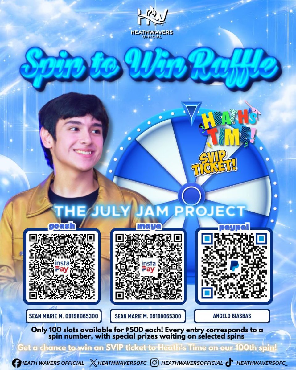 HeathWaversOFC's tweet photo. 🎡 THE JULY JAM PROJECT: Spin-to-Win Raffle! 🎯

🌟 PURPOSE
Let’s fill the venue for Heath’s July Concert! Proceeds from this 100-slot raffle will go directly toward purchasing additional concert tickets and funding our special fan support initiatives. Your entry helps us maximize our presence and show Heath our ultimate love! 🎸✨

🕹️ MECHANICS
We are running a high-stakes, exclusive digital roulette! Here is how it works:

1. The Slots: Only 100 slots are available at ₱500 per entry.

2. The Numbers: Every slot you buy corresponds to a specific spin number on the wheel.

3. The Target Spins: The wheel will spin for every slot. Prizes are strictly tied to the exact spin number.

Example:
🎁 1st Spin ➔ Signed Photocard
🎁 23rd Spin ➔ Personalized Videogreet from Heath 🤳
🎁 26th Spin ➔ Exclusive Fandom Merch

The Winning Rule: It’s all or nothing! Only the spins that land exactly on our target prize numbers win. If a spin lands on any other number, it’s out.

⏰ HOW TO JOIN
1. Secure your slot by sending your ₱500 entry fee to our official donation drive channels.
• GCASH / MAYA
 Sean Marie Muyco – 09198065300

• PAYPAL
 Angelo Biasbas

2. Send your proof of payment to any of our official social media accounts.

3. Include your Name and Active Email Address

Limited to 100 slots only—first come, first served!
Will luck be on your side for Heath? Secure your lucky number now! 

HEATHs TIME TICKETSELLING
#HMJConcertOnJuly19
#HeathJornales