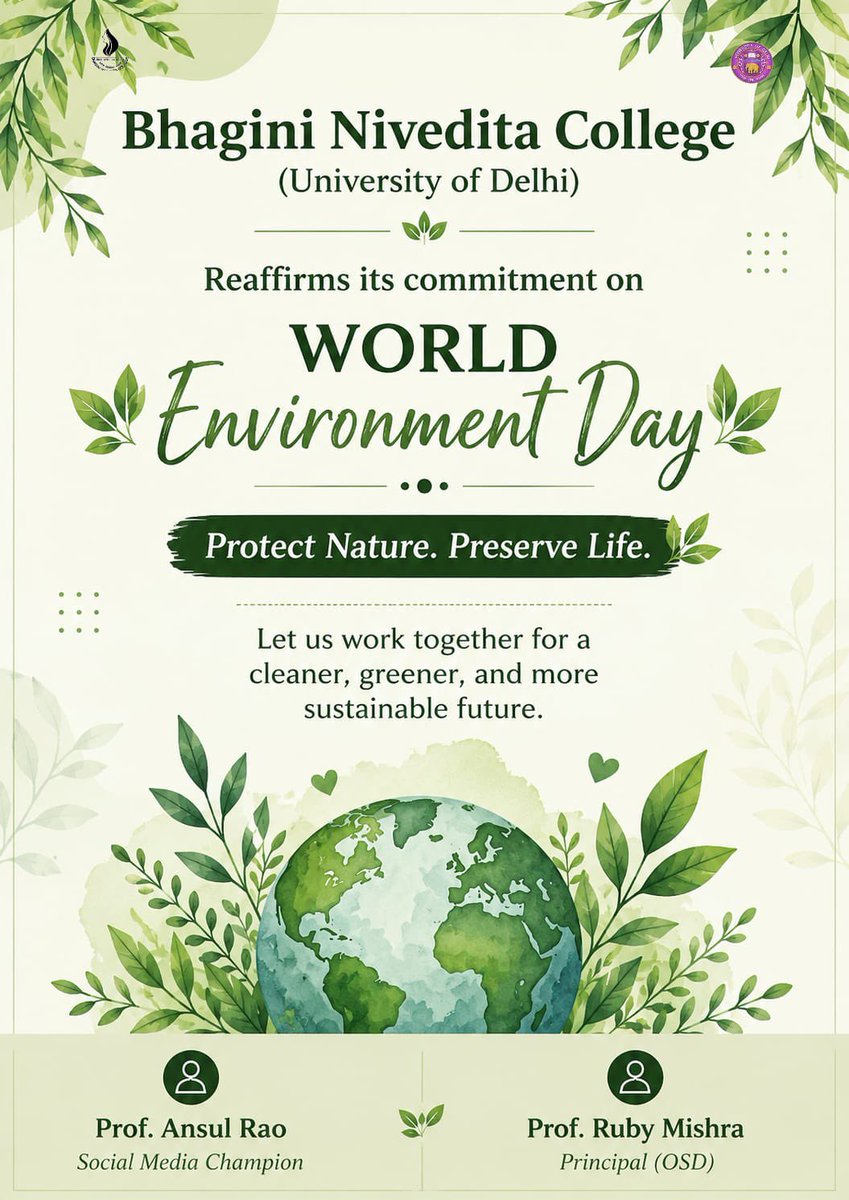 BNC__DU's tweet photo. 🌿 On World Environment Day, Bhagini Nivedita College renews its commitment to environmental responsibility and sustainable living.

🌎 Together for a Sustainable Future 🌎

#WorldEnvironmentDay #EnvironmentalResponsibility #Sustainability #GreenFuture #BNC https://t.co/bvHoyPMLEk