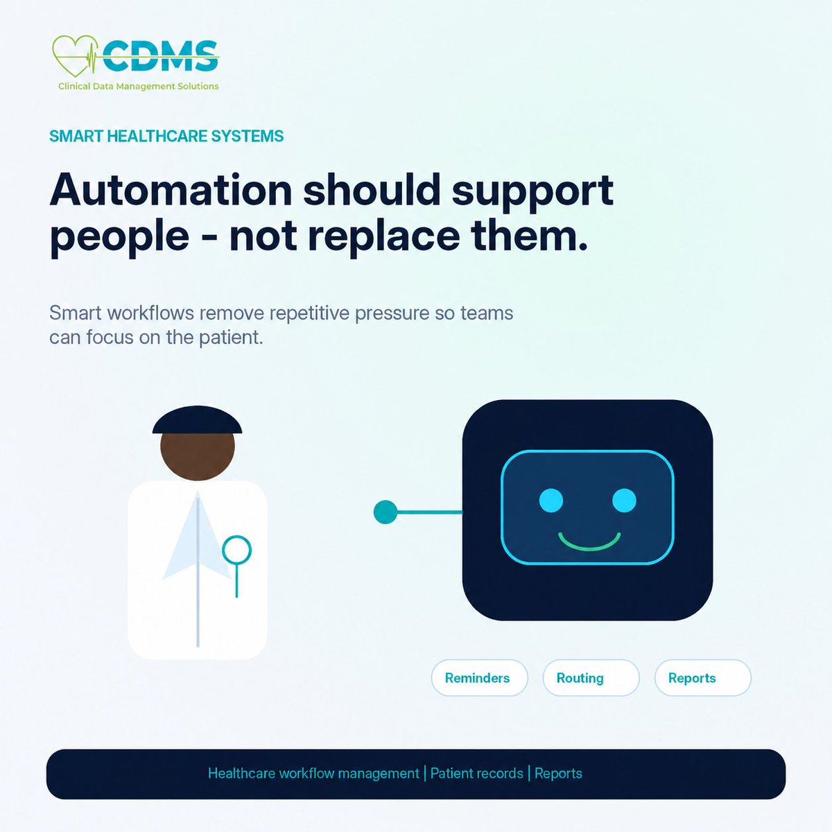 _cdms's tweet photo. Automation should support people — not replace them. CDMS helps healthcare teams reduce repetitive tasks and focus more on patients. #CDMSKenya #HealthTech #HealthcareAutomation https://t.co/djsYN5Jivs
