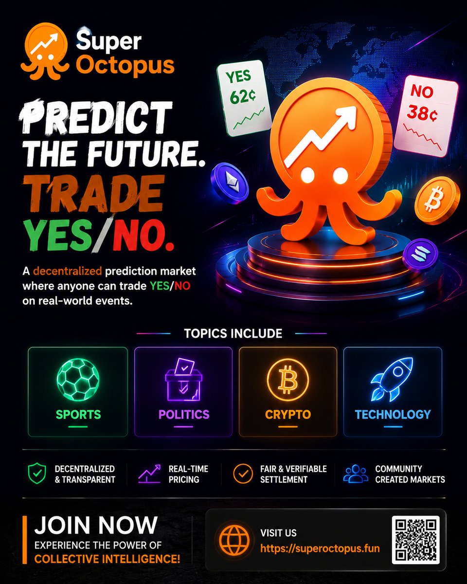 SuperOctopus8's tweet photo. A decentralized prediction market where anyone can trade YES/NO on real-world events.
Topics include:
⚽ Sports | 🗳️ Politics | 📈 Crypto | 🚀 Technology
Join now and experience the power of collective intelligence!
🌐 https://t.co/24NPlKbG8f⁠
#SuperOctopus #Web3‌‌ https://t.co/etgo209Qhn