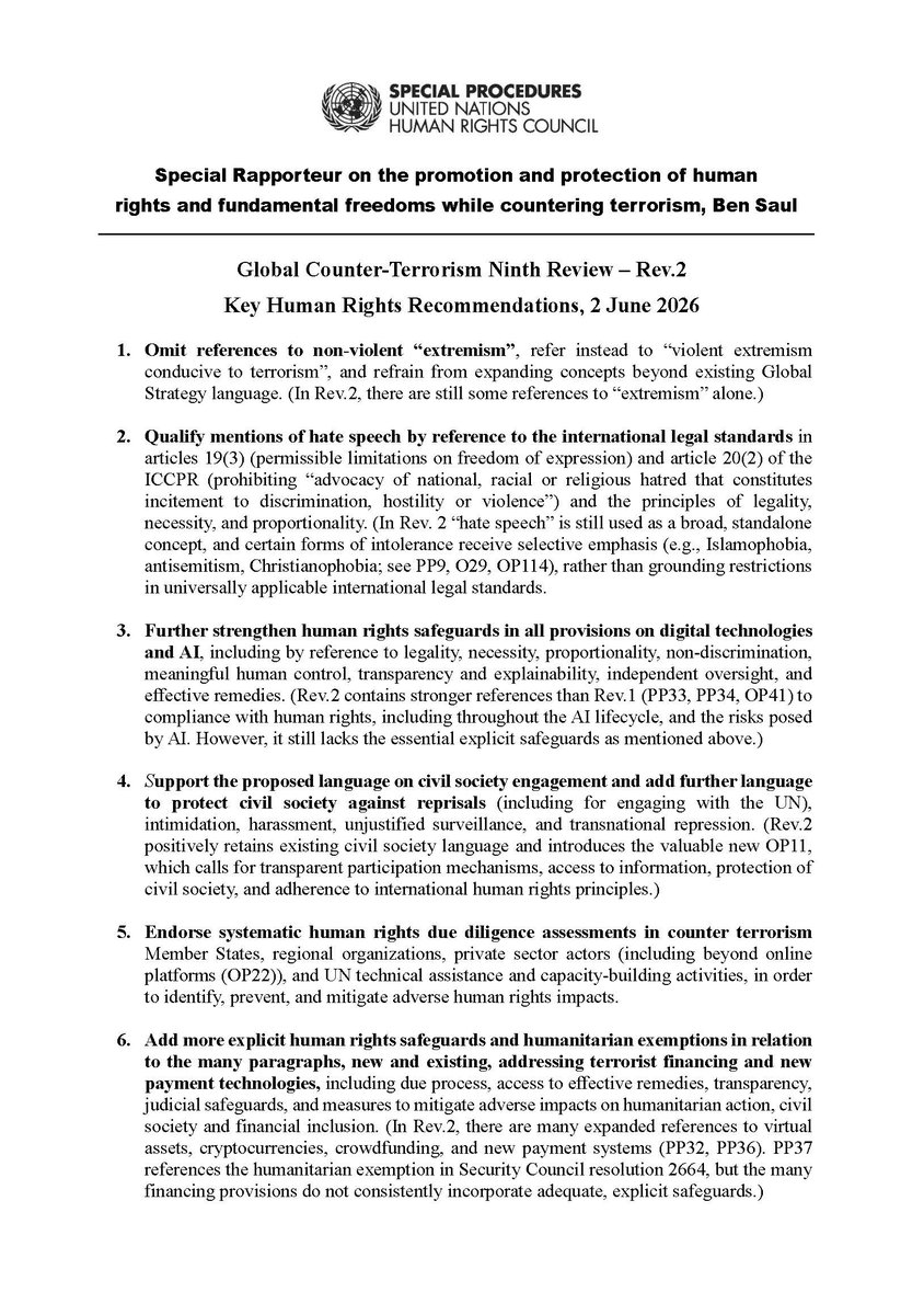 profbensaul's tweet photo. I'm pleased to share my latest suggestions to member States in NY on the ninth review of the UN Global Counter-Terrorism Strategy (2 pages) https://t.co/BvsUCV10Qa https://t.co/0GvI8aAGLQ