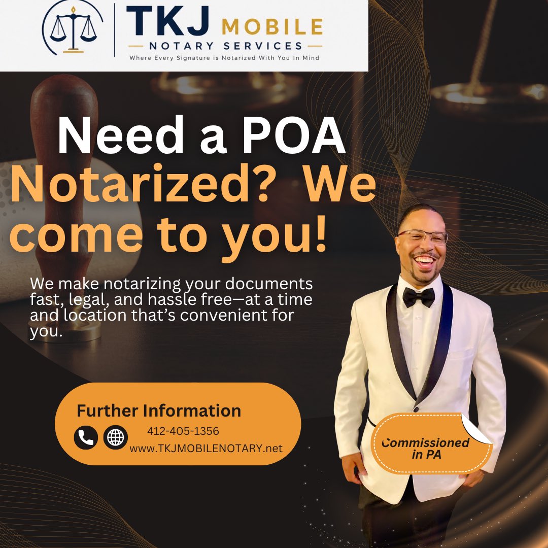 TKJMobileNotary's tweet photo. Need a Power of Attorney notarized? 🖊️
Don’t let paperwork delay important decisions. TKJ Mobile Notary Services provides convenient, professional notarization for POAs at your home, office, hospital, nursing facility, or other preferred location. Fast. Reliable. Convenient. #poa https://t.co/BFRA7ZJm6B