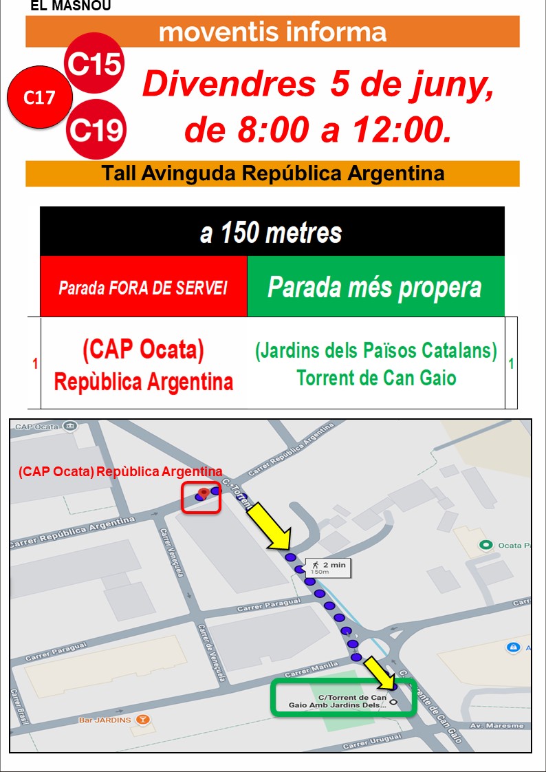 MoventisInfo's tweet photo. 🛑EL MASNOU
📆 Avui, divendres 5 de juny, de 8:00h a 12:00h
🚍 #C15 #C17 #C19 de #Moventis_CASAS
🚧 Av. República Argentina (Obres)
📣🚏anul.lada i 👉més propera:  📌(Jardins dels Països Catalans) Torrent de Can Gaio

⚠️Preveieu desplaçaments antelació https://t.co/q42kxUOTXi