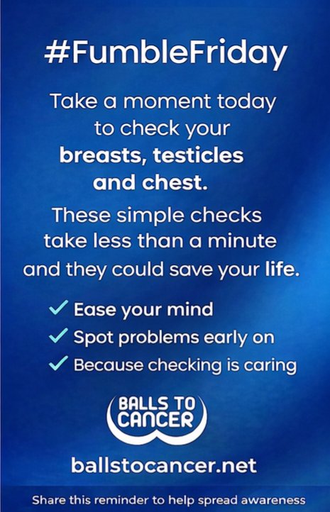 Ballstocancer's tweet photo. It's #FumbleFriday the day of the week you check your Balls, Boobs and Moobs for lumps, bumps or anything that looks slightly out of the ordinary! Why not check each other? Make it a Friday night thing. If you're worried, don't put it off get it checked. Every second counts. https://t.co/JmY37dwqt1