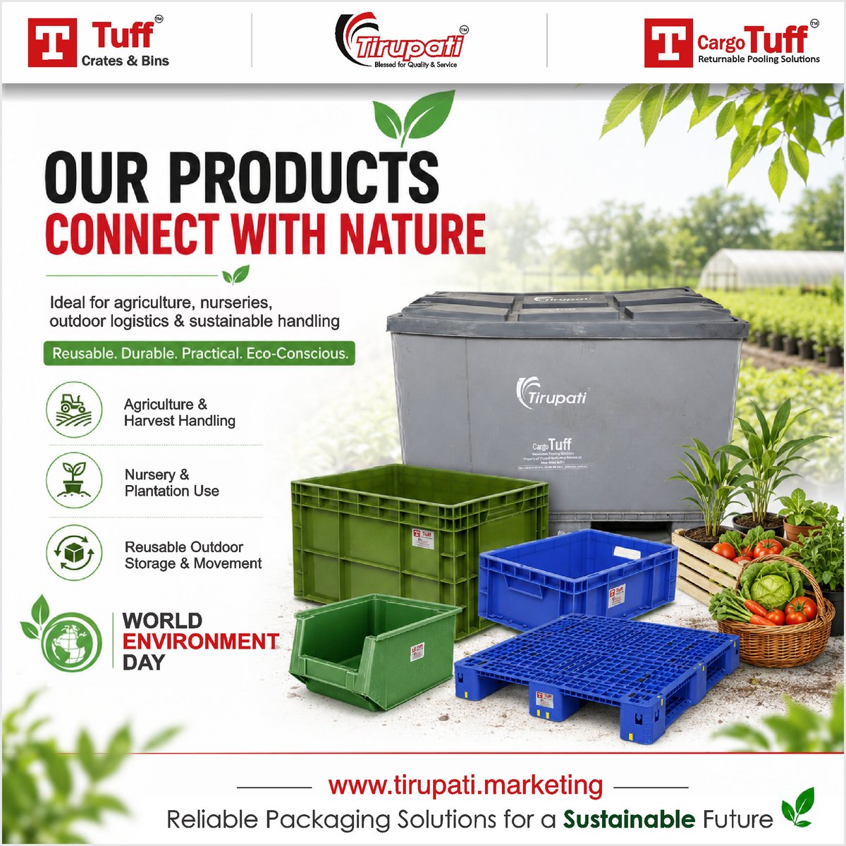 PvtTirupati's tweet photo. Our products connect with nature. 🌿
Reusable packaging for a sustainable future.
#WorldEnvironmentDay 
#TirupatiMarketing 
#CargoTuff 
#ReusablePackaging 
#SustainablePackaging 
#GreenLogistics
https://t.co/tPeHeNUNnI https://t.co/7HdXwWo9QT