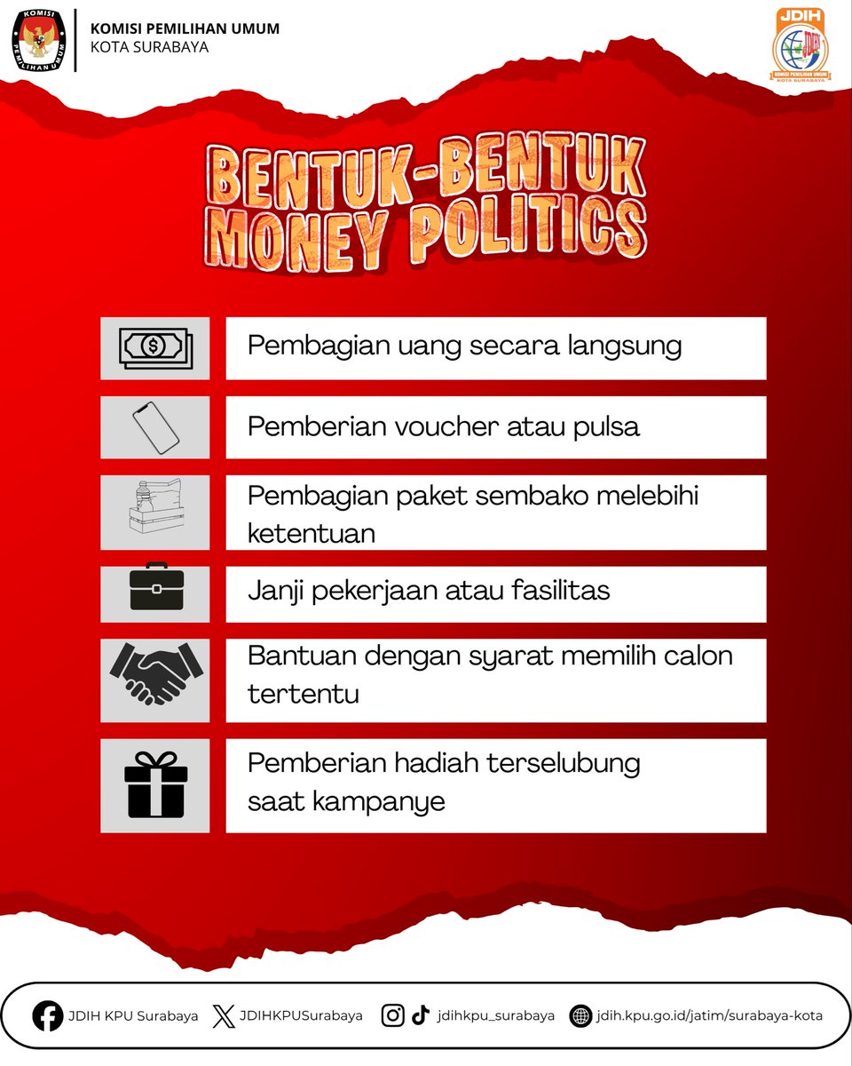JDIHKPUSurabaya's tweet photo. Hai #SobatJDIH👋✨

Uang, sembako, atau hadiah mungkin terlihat menguntungkan. Namun, jika diberikan untuk memengaruhi pilihanmu dalam Pemilu, itu termasuk money politics dan melanggar aturan hukum, lho!🗳️⚖️

Yuk, jadi pemilih yang cerdas!🇮🇩🤝
#JDIHKPU #KPUSurabaya #EdukasiPemilu https://t.co/9zhzMYDZht