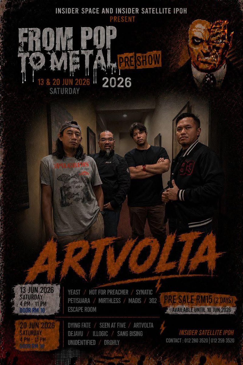 frompoptometal's tweet photo. Raw riffs, grunge-driven textures, and alternative rock energy arrive as Artvolta joins FROM POP TO METAL : PRE SHOW 2026 on 20 June at Insider Satellite Ipoh. Blending heavy emotion with a modern alternative sound, the band brings a different atmosphere into the second pre-show. https://t.co/sft0RklSFs