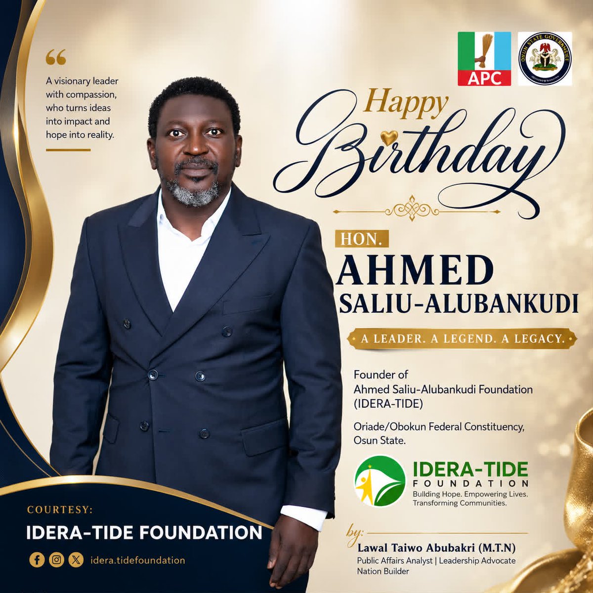 IDERA_TIDE's tweet photo. On behalf of the Media and Public Relations Unit of the Ahmed Saliu-Alubankudi Foundation (ÌDÈRA-TIDÉ), we extend our warmest congratulations and heartfelt prayers to Hon. Ahmed Saliu-Alubankudi on this joyous occasion. https://t.co/5VHjiLW3Ng