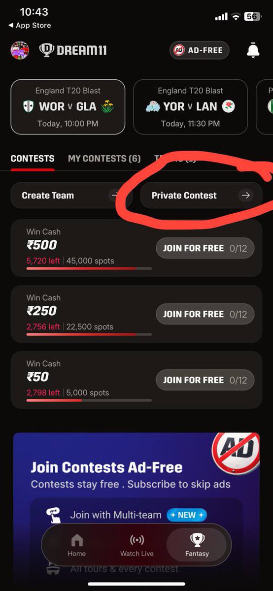 SuMitJa76693902's tweet photo. @Dream11 @harshjain85 Hey
Me and my all friend play private contest on Dream11 .
But from Yesterday private contest features is removed from Dream11 . Please add private contest feature .
Please it’s my humble request. so we can creat private contest and play with my friends. https://t.co/V6FxL9s4PR