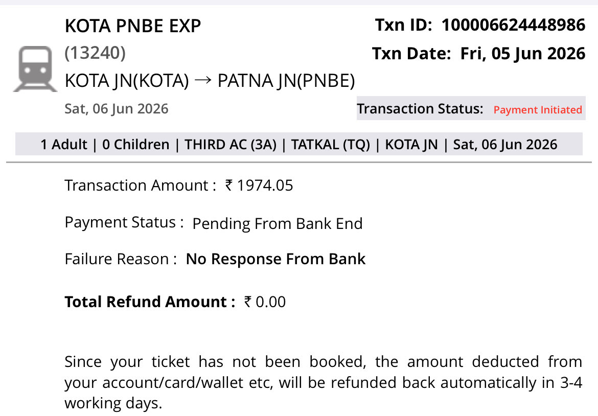 RomanAyush5's tweet photo. @RailwaySeva @IRCTCofficial @irctcwestzone @RailMinIndia Had to arrange ₹6000 for a ₹2000 Tatkal ticket, and ₹4000 refund will come after 3 days. How can a student survive like this? Please refund my money ASAP. https://t.co/pge6fQWqd4