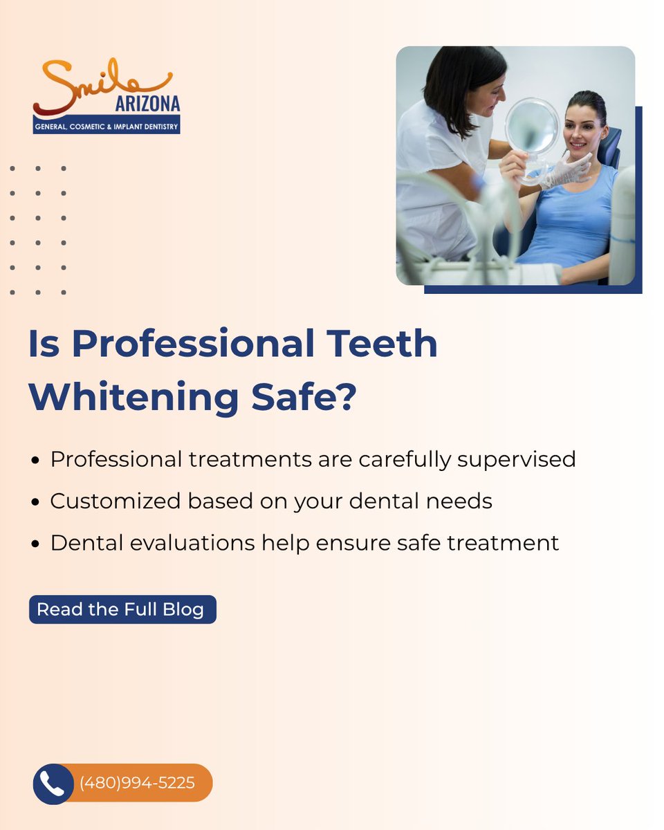 SmileArizona's tweet photo. Teeth whitening is a popular way to brighten stained or discolored teeth. When performed under professional supervision, treatments are safe, effective, and tailored to your needs. 

Read more: https://t.co/P6swCPfVGU 

#CosmeticDentistry #BrightSmile #DentalCare https://t.co/VPmlpwTVkP