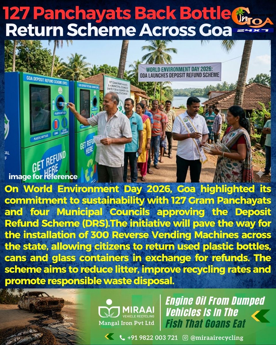 InGoa24x7's tweet photo. 127 Panchayats Back Bottle Return Scheme Across Goa
#BottleReturnScheme #Goa #Recycling #WasteManagement #Environment #GoGreen #Sustainability #Panchayat #GoaNews #EnvironmentalConservation #CleanGoa #PlasticWaste #GreenInitiative #GoaUpdates #BreakingNews #EcoFriendly #CircularEconomy #WorldEnvironmentDay #CleanEnvironment #GoaCurrentAffairs