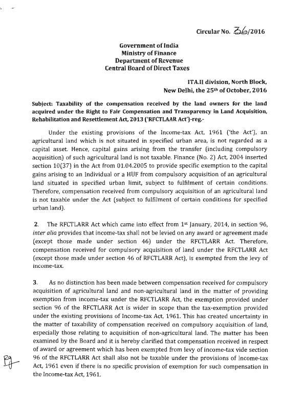 CAHimankSingla's tweet photo. Need guidance and opinion of @IncomeTaxIndia @nsitharaman @nsitharamanoffc and all my respected professional colleagues..

A practical issue has emerged in the AY 2026-27 ITR Utility that deserves attention.

CBDT Circular No. 36/2016 categorically clarifies that compensation received pursuant to an award or agreement under Section 96 of the RFCTLARR Act, 2013 is not taxable under the Income-tax Act, even where no specific exemption provision exists in the Income-tax Act itself. (Photo 2)

This clarification is particularly relevant for compensation received on compulsory acquisition of non-agricultural land, which enjoys exemption by virtue of Section 96 of the RFCTLARR Act and the CBDT Circular. (Photo 2)

However, while reporting exempt income in the latest ITR Utility, taxpayers are required to select a specific category/sub-category. The available options appear to include Section 10(37) for capital gains arising on compulsory acquisition of urban agricultural land, but no corresponding reporting code is available for compensation exempt under Section 96 of the RFCTLARR Act. (Photo 1)

This raises an important compliance question:

✅How should taxpayers report compensation exempt under Section 96 of the RFCTLARR Act in the absence of a dedicated disclosure field or exemption code in the utility?

A suitable clarification or utility update from CBDT would be highly welcome!