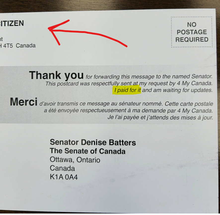 DIY1959's tweet photo. @Mattxduchak @dmacpher Posted on Denice Batters FB page. Looks pretty generic. Top left corner seems to have a pre-printed return address from a random Canadian citizen? John &amp; Jane Citizen? Who the hell knows??🤷‍♀️ https://t.co/ZtBHtMj3ew