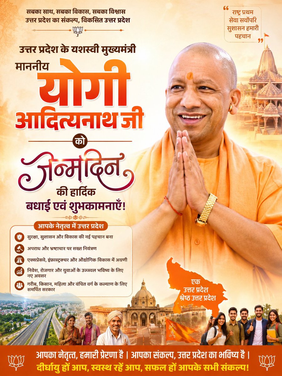 HarendraRaja3's tweet photo. उत्तर प्रदेश के यशस्वी मुख्यमंत्री एवं जनप्रिय नेता माननीय श्री योगी आदित्यनाथ जी महाराज को जन्मदिवस की हार्दिक शुभकामनाएं।
ईश्वर से प्रार्थना है कि आप सदैव स्वस्थ, दीर्घायु एवं ऊर्जावान रहें तथा प्रदेश को निरंतर नई ऊंचाइयों तक पहुंचाते रहें। @myogiadityanath https://t.co/BOy8eVImOg