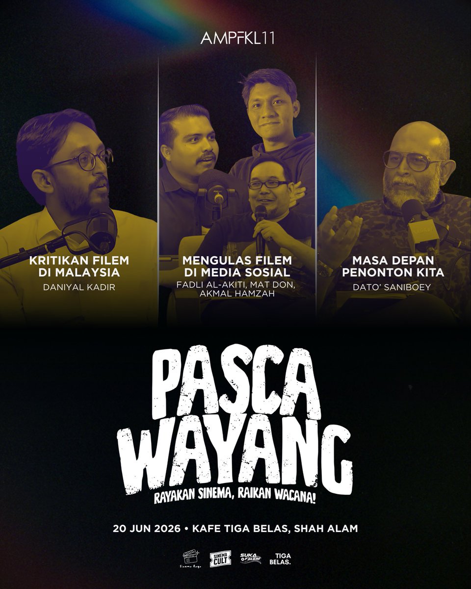 ampfkl's tweet photo. AMPFKL mempersembahkan Pasca Wayang: Rayakan Sinema, Raikan Wacana, sebuah program diskusi pra-anugerah berkisar kritikan filem yang akan berlangsung pada 20 Jun 2026, bertempat di Kafe Tiga Belas, Shah Alam bermula jam 2:00 - 6:00 petang.

Jemput datang semua! https://t.co/bSsn8DAqmX