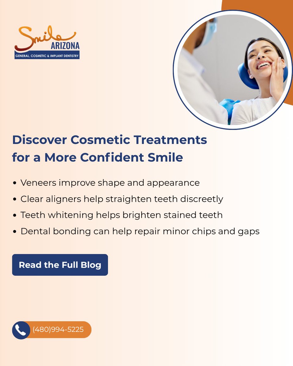 SmileArizona's tweet photo. Cosmetic dentistry can enhance both the appearance and function of your smile. 

From teeth whitening and veneers to clear aligners, discover popular treatment options in our latest blog: https://t.co/kuouOn8zQO 

#SmileMakeover #DentalCare #HealthySmile https://t.co/dqFgrvVe5q