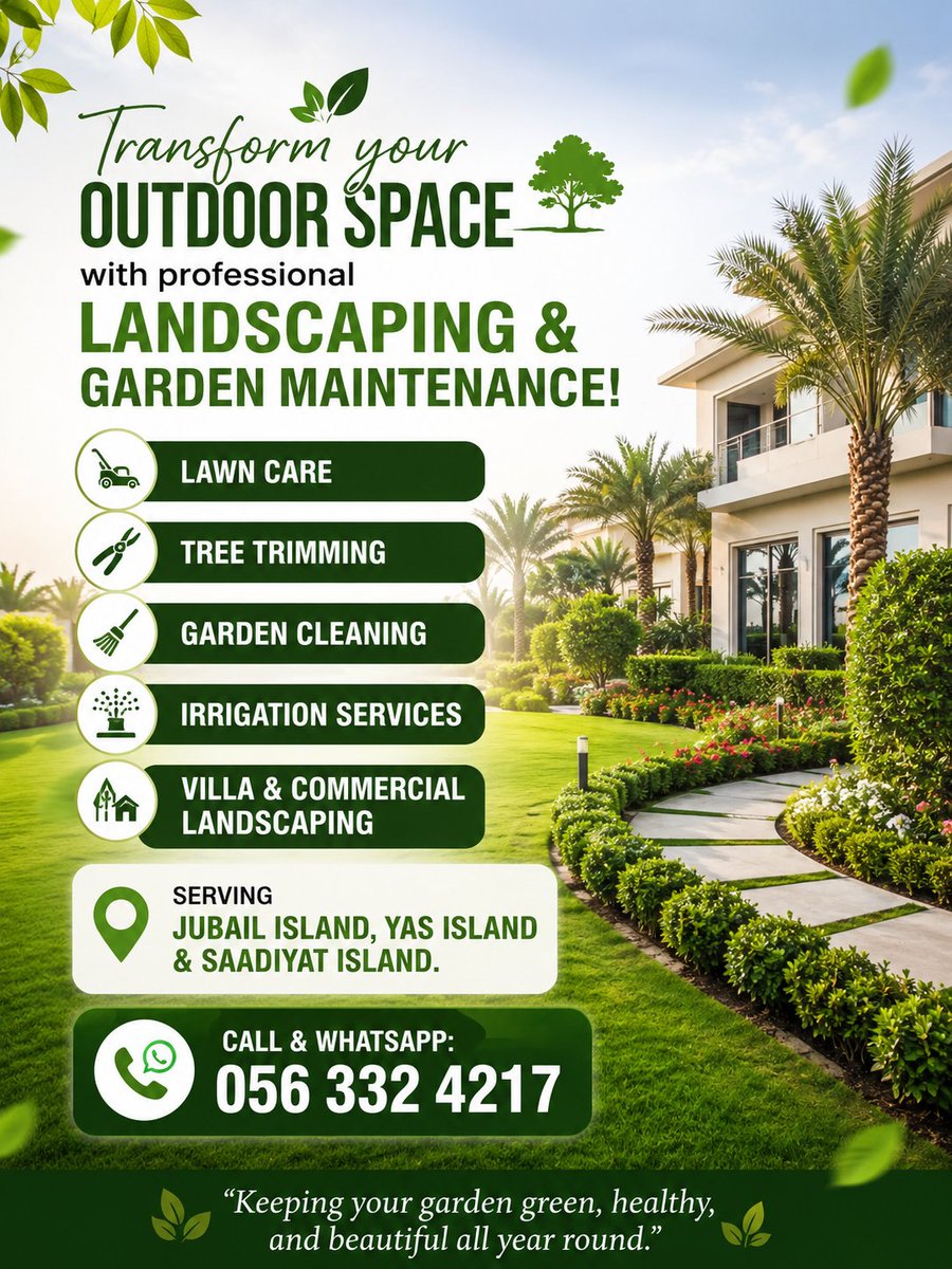 RajaAbrro's tweet photo. #AliLandscaping #LandscapingServices #GardenMaintenance #GardenCare #LawnCare #TreeTrimming #IrrigationServices #VillaLandscaping #Dubai #AbuDhabi #UAE #OutdoorLiving #GardenDesign #GreenSpaces #LandscapeMaintenance 🌴🌱
@JubailIsland @saadiyatae @SeaWorldAD https://t.co/pJvK1AkxER