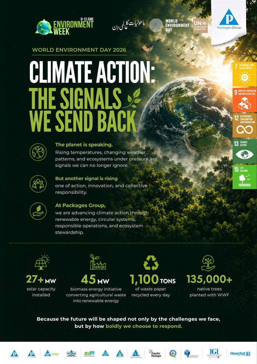 PackagesGroup's tweet photo. #NowForClimate
As the world unites for World Environment Day 2026, Packages Group dedicates this week to the environmental priorities that demand action today and shape a more sustainable tomorrow.

#PackagesGroup #EnvironmentDay #Sustainability https://t.co/j39oEYbzsJ