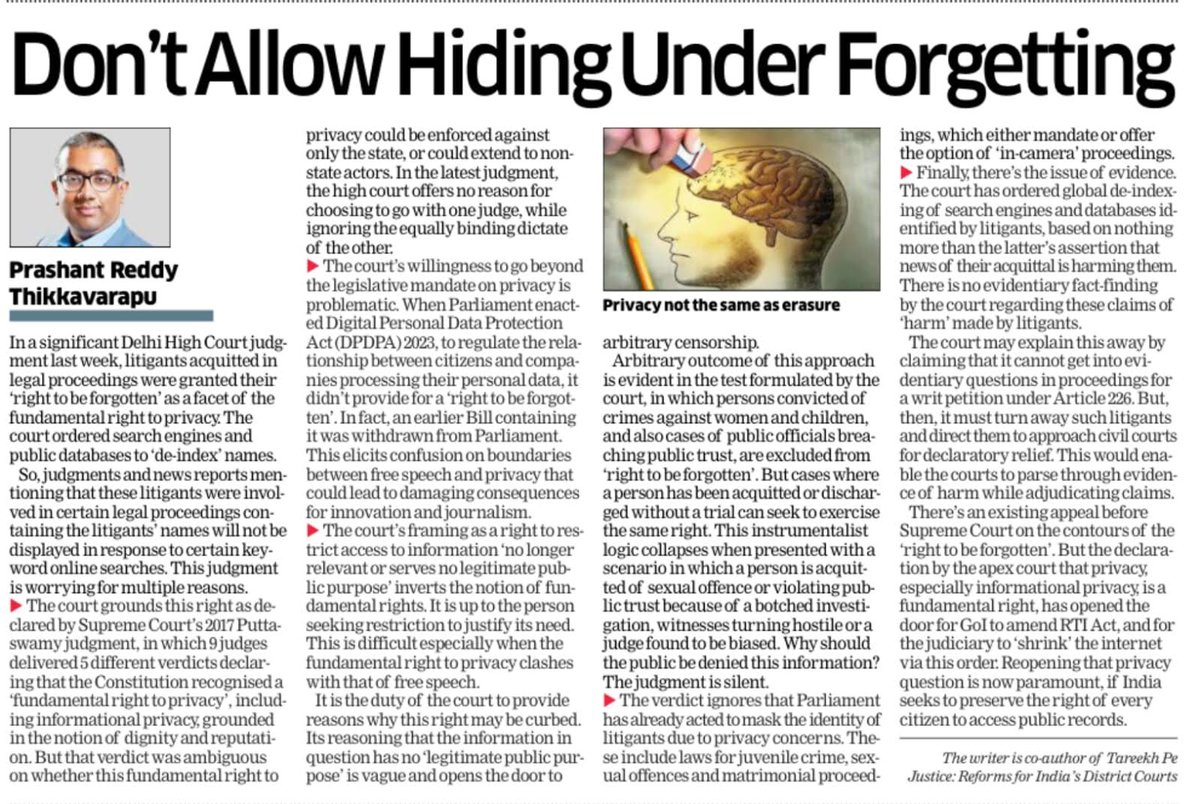 Preddy85's tweet photo. My piece in the Economic Times on a far-reaching 'right to be forgotten' judgment by the Delhi High Court. The piece was edited for length. Weblink here: https://t.co/UKdKykhppG https://t.co/LlxMg5uk9N