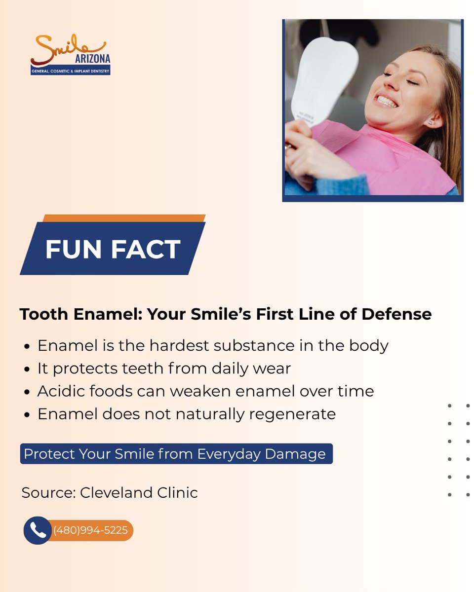 SmileArizona's tweet photo. Tooth enamel helps protect your teeth from wear and sensitivity, but it can weaken over time. Keep it strong with good oral hygiene, regular dental visits, and healthy habits.  

#ToothEnamel #DentalFacts #OralHealthAwareness #HealthySmile https://t.co/tBAViaPhFS