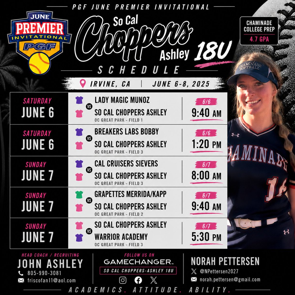 NPettersen2027's tweet photo. Excited to be back on the field this weekend competing with So Cal Choppers Ashley 18U at the PGF June Premier Invitational in Irvine, CA! 🥎 Here is my schedule for the weekend - hope to see you there! @Choppers_Ashley @PGFnetwork #PGF #ClassOf2027 #StudentAthlete #Recruiting https://t.co/MLeMEoazuy