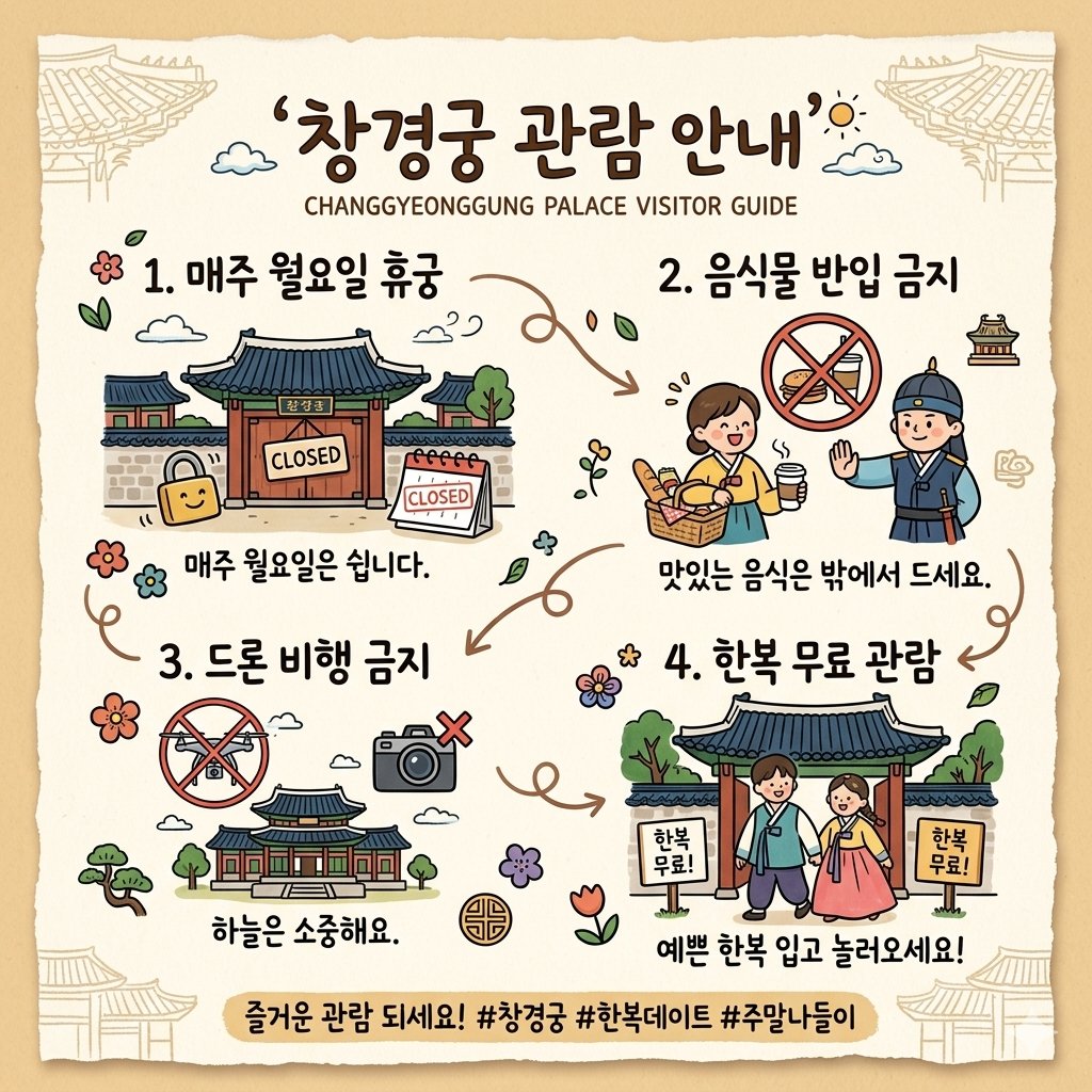 cgglove's tweet photo. <🌳창경궁 관람안내🌷>
1. 매주 월요일 휴궁 
2. 음식물 반입 금지
3. 드론 비행 금지 
4. 한복 무료 관람 

궁궐은 공원이 아닌 국가유산 입니다.
국가유산 보호와 쾌적한 관람환경을 위해 함께해주세요.😊

#궁궐관람예절 #국가유산청 #문화유산관람예절 https://t.co/u9Is27dIwE