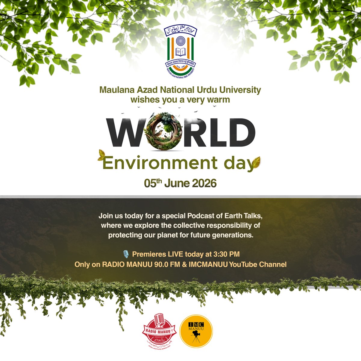 imcmanuu's tweet photo. 🌍 The Earth speaks. Are we listening?

Join us for a Special World Environment Day Edition of Earth Talks as we discuss our shared responsibility towards a sustainable future.

📷LIVE today at 3:30 PM

@rikkykhan @EduMinOfIndia @SyedAinulHasan3 @skishtiaque @prasarbharati #rm90 https://t.co/0LpmjKXuNG
