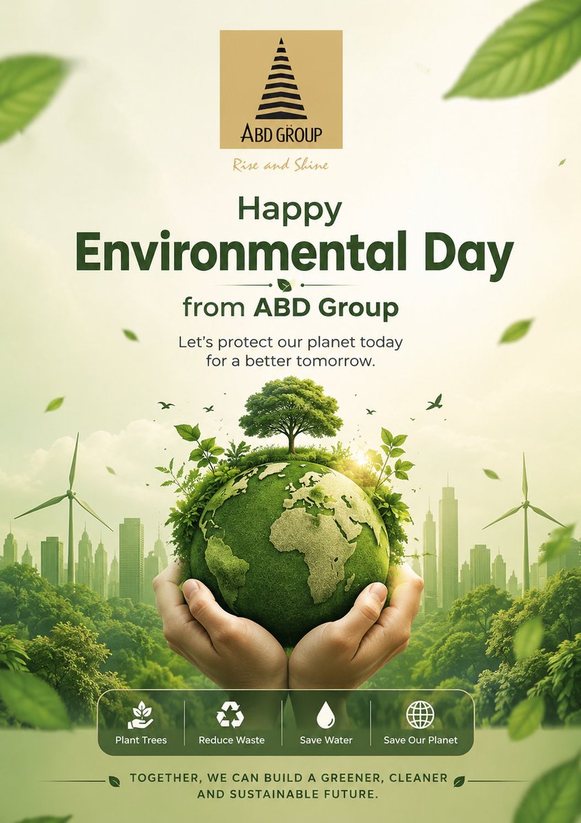 ABDGroup1's tweet photo. 🌍🌱 Happy World Environment Day! 🌱🌍

🌿 Plant More Trees
💧 Save Water
♻️ Reduce, Reuse &amp; Recycle
🌎 Protect Nature

ABD Group wishes everyone a Happy World Environment Day!

"Together, let's build a cleaner, greener, and sustainable future." 💚

#WorldEnvironmentDay https://t.co/YDelqPGpGs
