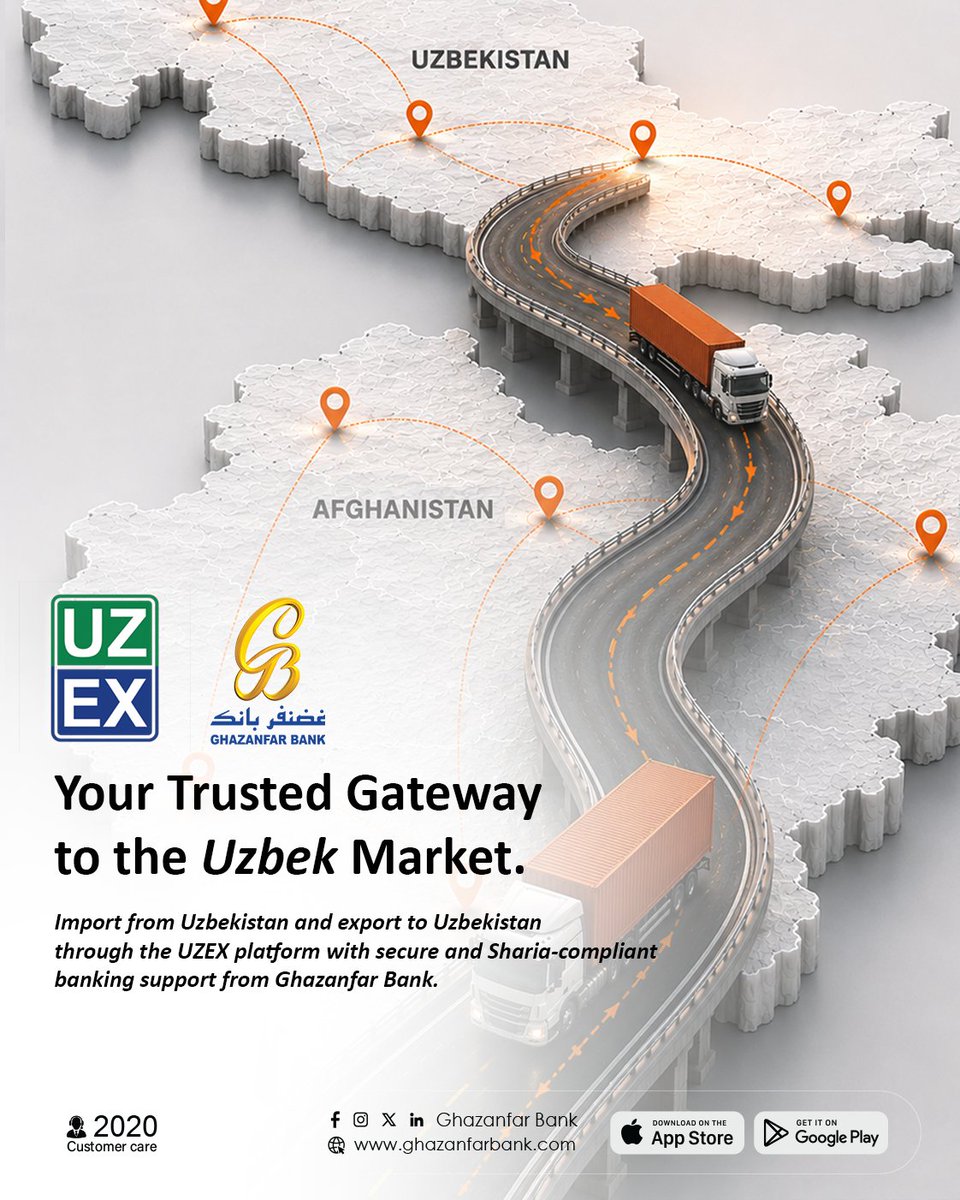 BankGhazanfar's tweet photo. Your Trusted Gateway to the Uzbek Market
Expand your business opportunities with confidence. Import from Uzbekistan and export to Uzbekistan through the UZEX platform, supported by secure and Sharia-compliant banking services from Ghazanfar Bank. https://t.co/8LrrUqYKRW